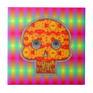 Colourful Robot Skull On Rainbow Background Ceramic Tile