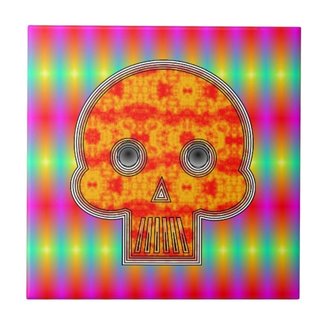 Colourful Robot Skull On Rainbow Background Ceramic Tile (Front)
