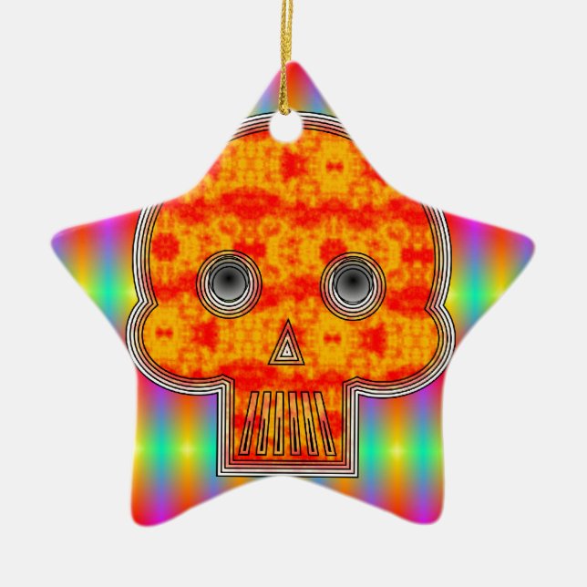 Colourful Robot Skull On Rainbow Background Ceramic Tree Decoration (Front)