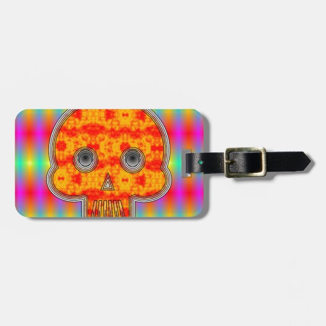 Colourful Robot Skull On Rainbow Background Luggage Tag (Front Horizontal)