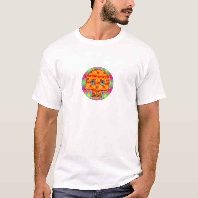 Colourful Robot Skull On Rainbow Background T-Shirt (Front)
