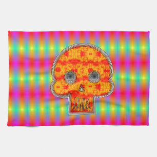 Colourful Robot Skull On Rainbow Background Tea Towel