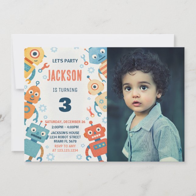 Colourful Robots Kids Birthday Invitation (Front)