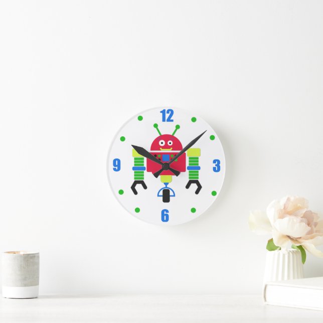 Colourful Robots Kids Personalised Round Clock (Home)