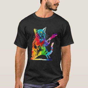 Colourful Rock Cat Playing Guitar Funny Guitar T-Shirt
