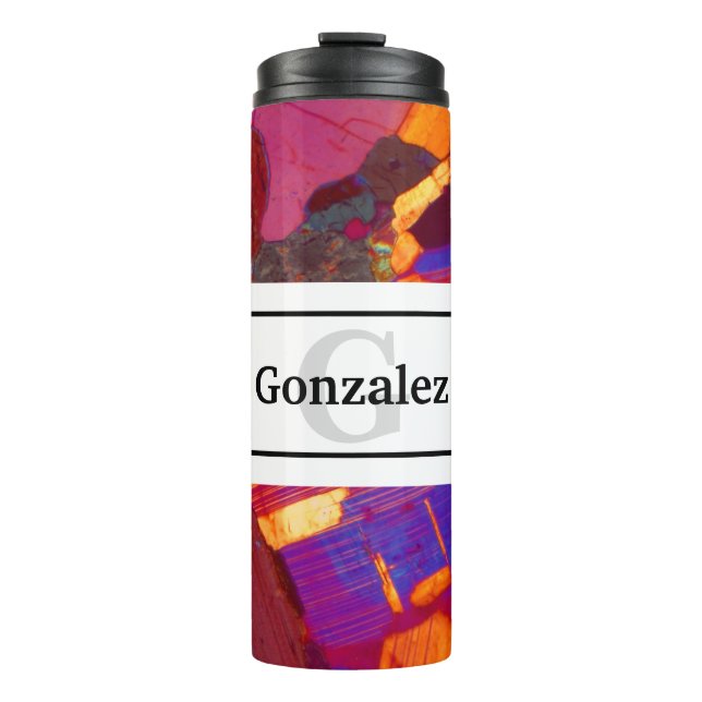 Colourful Rock Thin Section with Name and Monogram Thermal Tumbler (Front)
