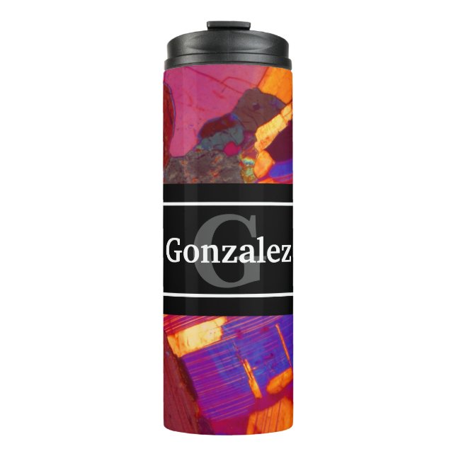 Colourful Rock Thin Section with Name and Monogram Thermal Tumbler (Front)