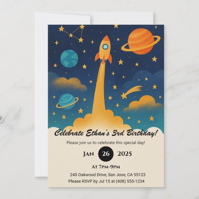 Colourful Rocket Launch in Outer Space Birthday  Invitation (Front)