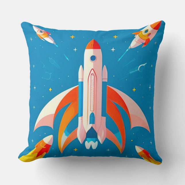 Colourful Rocket Launch in Vibrant Cartoon Cushion (Front)