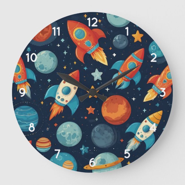 Colourful Rocket Ship Space and Planets For Kids   Large Clock (Front)