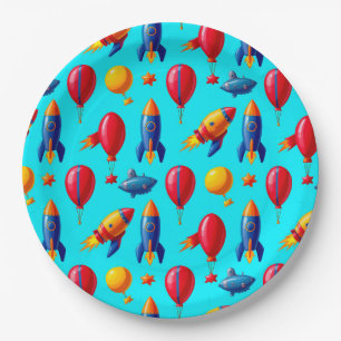 Colourful Rockets, Balloons, Stars, and Submarines Paper Plate