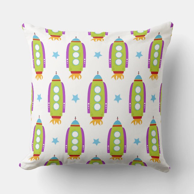  Colourful Rockets with Circular Windows and Stars Cushion (Front)