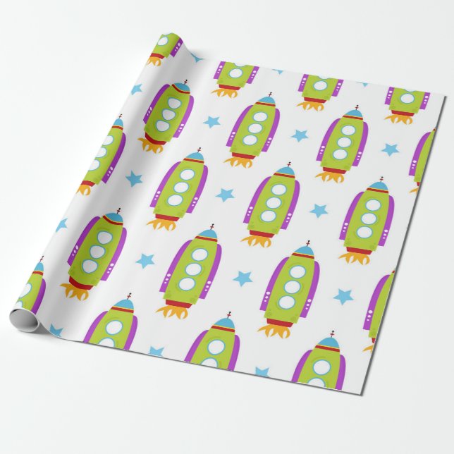  Colourful Rockets with Circular Windows and Stars Wrapping Paper (Unrolled)
