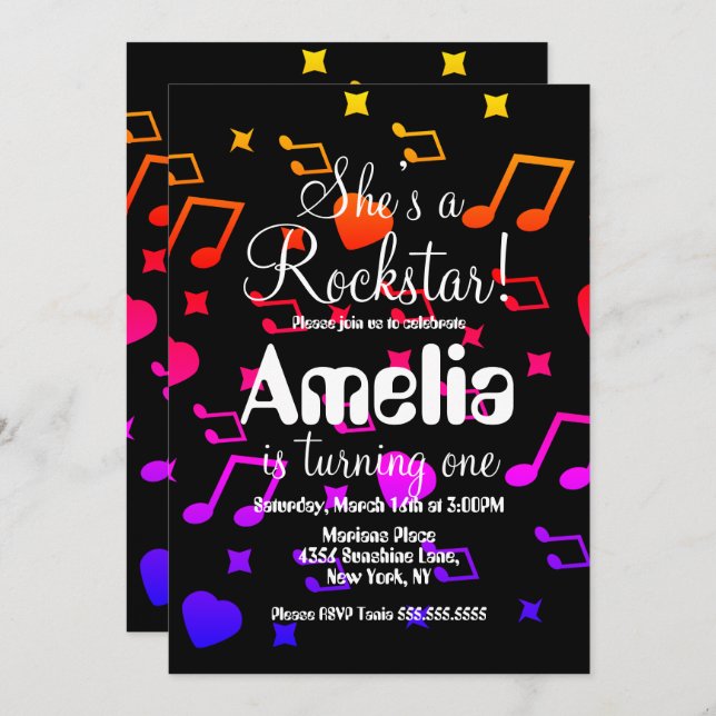 Colourful Rockstar Guitar Star Rock Birthday  Invitation (Front/Back)