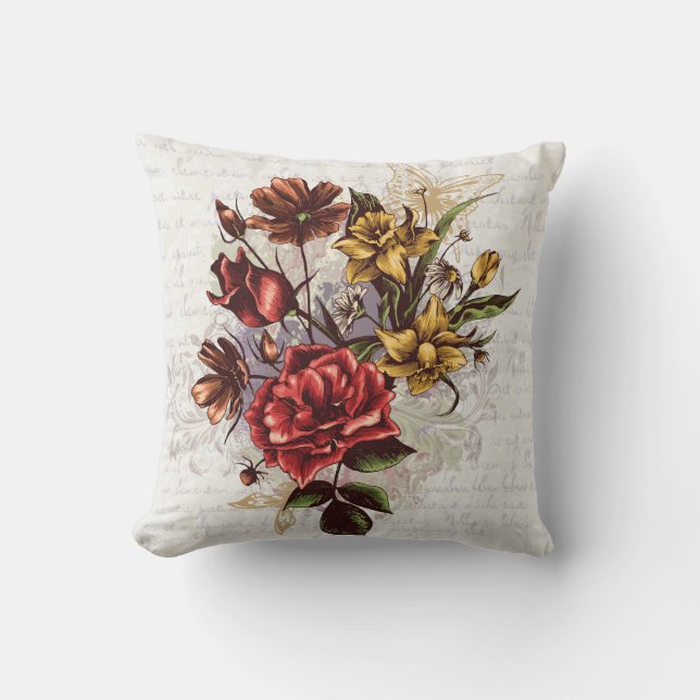 Colourful Romantic Vintage Floral Design Cushion (Front)