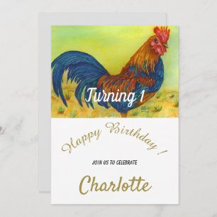 Colourful Rooster 1st Birthday Invitation