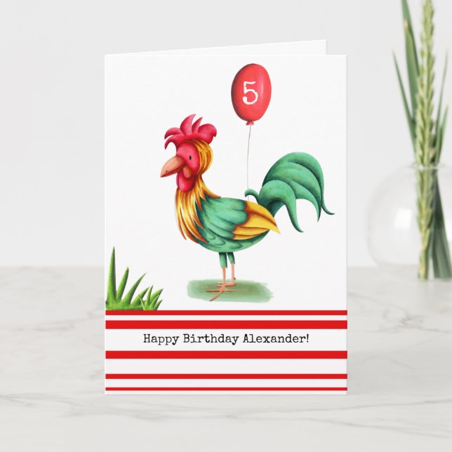 Colourful Rooster and Balloon Personalised Birthda Card (Front)