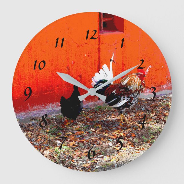 Colourful Rooster and Hen Large Clock (Front)