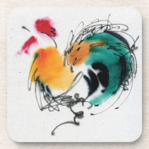 Colourful Rooster. Calligraphy and watercolor. Coaster
