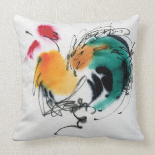 Colourful Rooster. Calligraphy and watercolor. Cushion
