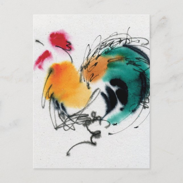 Colourful Rooster. Calligraphy and watercolor. Postcard (Front)