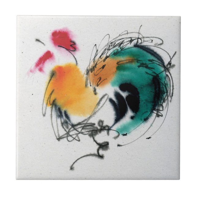 Colourful Rooster. Calligraphy and watercolor. Tile (Front)