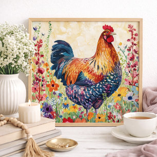 Colourful Rooster Chicken Farmhouse Cottage Wall Poster
