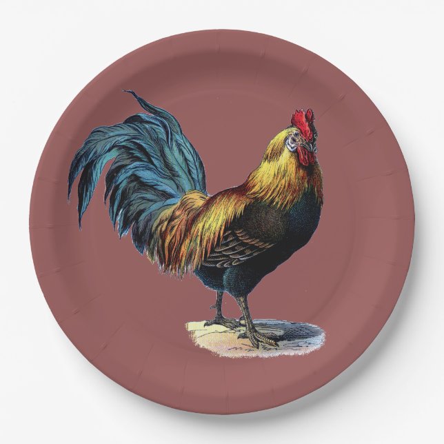Colourful Rooster Country Chicken Vintage Marsala Paper Plate (Front)