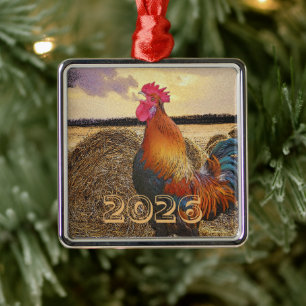 Colourful Rooster Crowing, Hay Bale, Field Metal Ornament