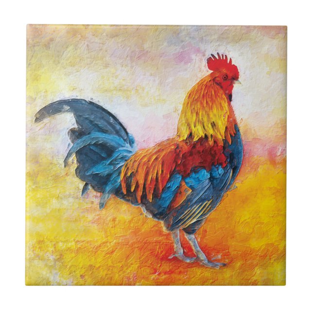 Colourful Rooster Digital Art Painting Ceramic Tile (Front)