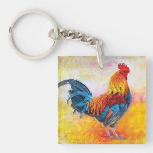 Colourful Rooster Digital Art Painting Key Ring