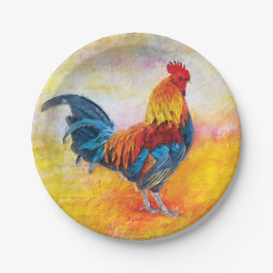 Colourful Rooster Digital Art Painting Paper Plate