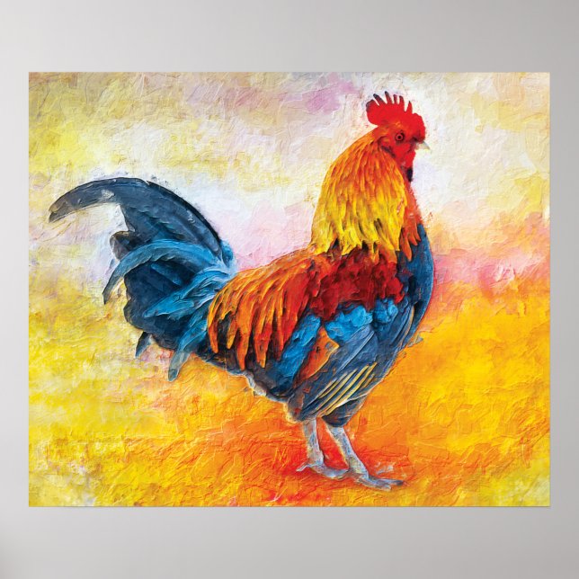 Colourful Rooster Digital Art Painting Poster (Front)