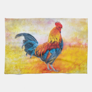 Colourful Rooster Digital Art Painting Tea Towel