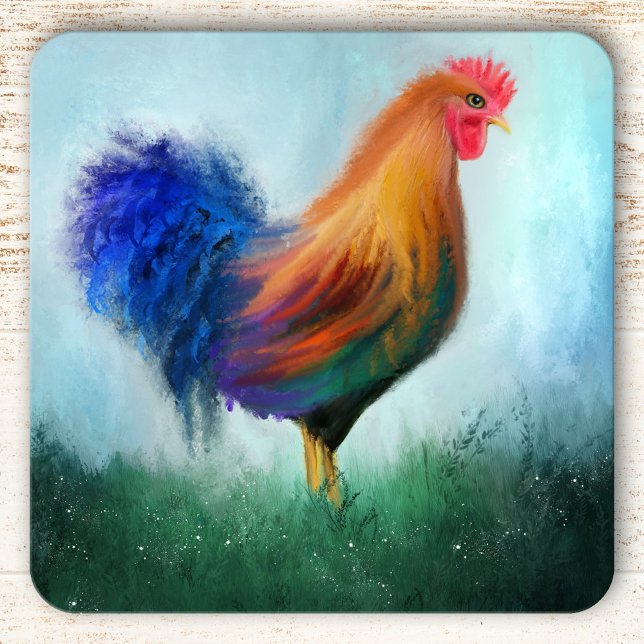 Colourful Rooster Fine Art Coasters (Fine art coaster featuring a painting of a colorful rooster in a grass field.)