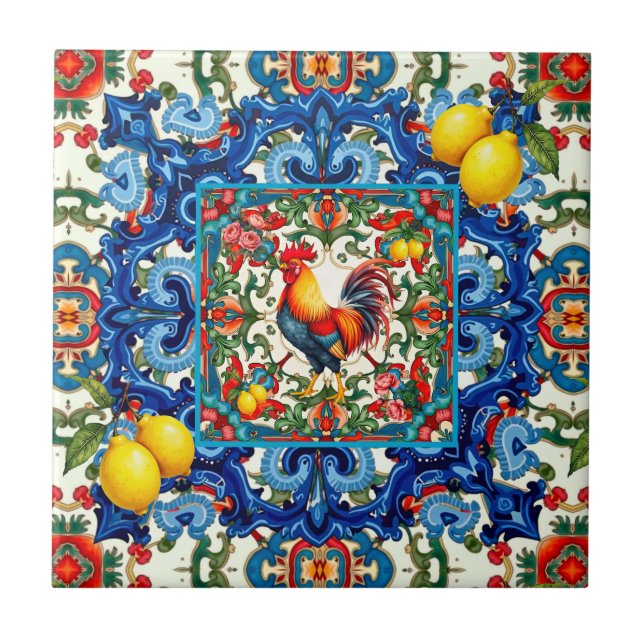Colourful rooster,Mediterranean,mosaic,lemon, Ceramic Tile (Front)