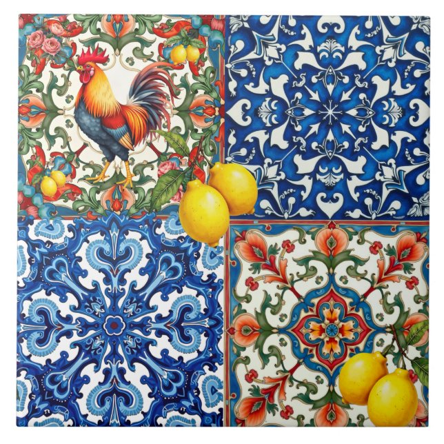 Colourful rooster,Mediterranean,mosaic,lemon, Ceramic Tile (Front)