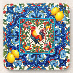 Colourful rooster,Mediterranean,mosaic,lemon, Coaster