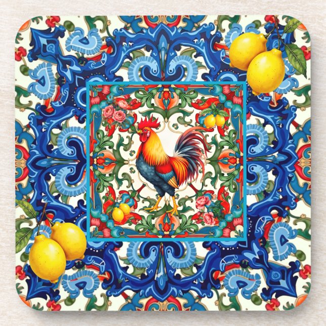 Colourful rooster,Mediterranean,mosaic,lemon, Coaster (Front)