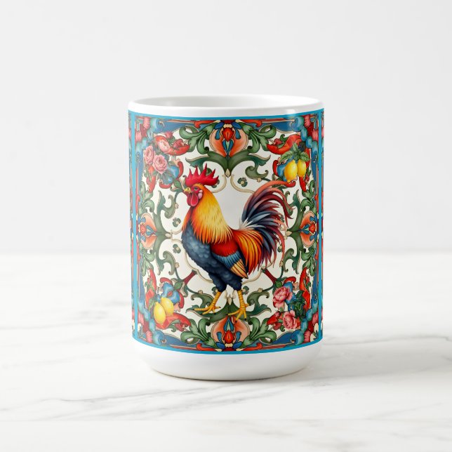 Colourful rooster,Mediterranean,mosaic,lemon, Coffee Mug (Center)