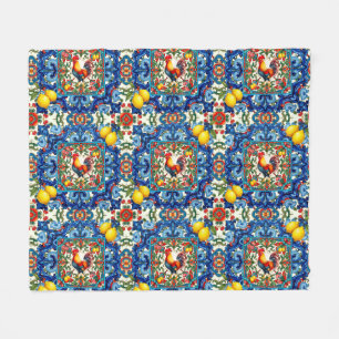 Colourful rooster,Mediterranean,mosaic,lemon, Fleece Blanket