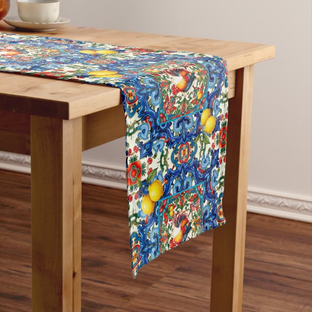 Colourful rooster,Mediterranean,mosaic,lemon, Medium Table Runner (In Situ)