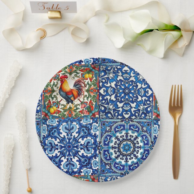 Colourful rooster,Mediterranean,mosaic,lemon, Paper Plate (Wedding)