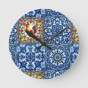 Colourful rooster,Mediterranean,mosaic,lemon, Round Clock