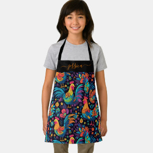 Colourful rooster pattern script name girls apron