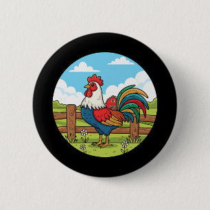 Colourful Rooster Rural Farm Rn Sunrise Scene  6 Cm Round Badge