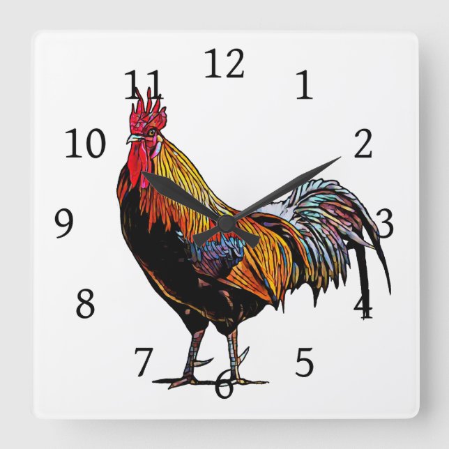 Colourful Rooster Square Wall Clock (Front)