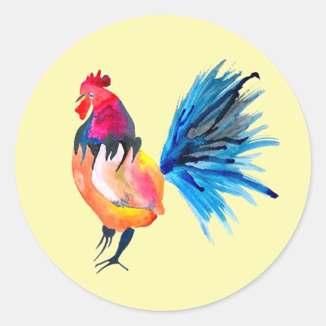Colourful rooster watercolor animal classic round sticker (Front)