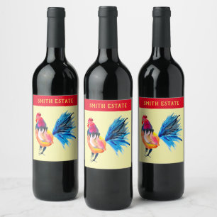 Colourful rooster watercolor animal wine label