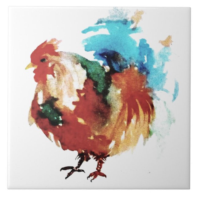 Colourful Rooster Watercolour Chickens Ceramic Tile (Front)